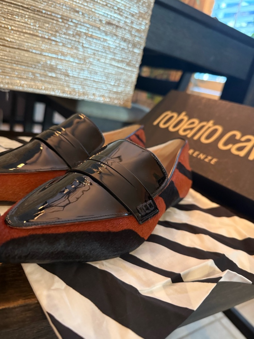 Roberto Cavalli Black Patent & Brown Suede Slip-On Loafers